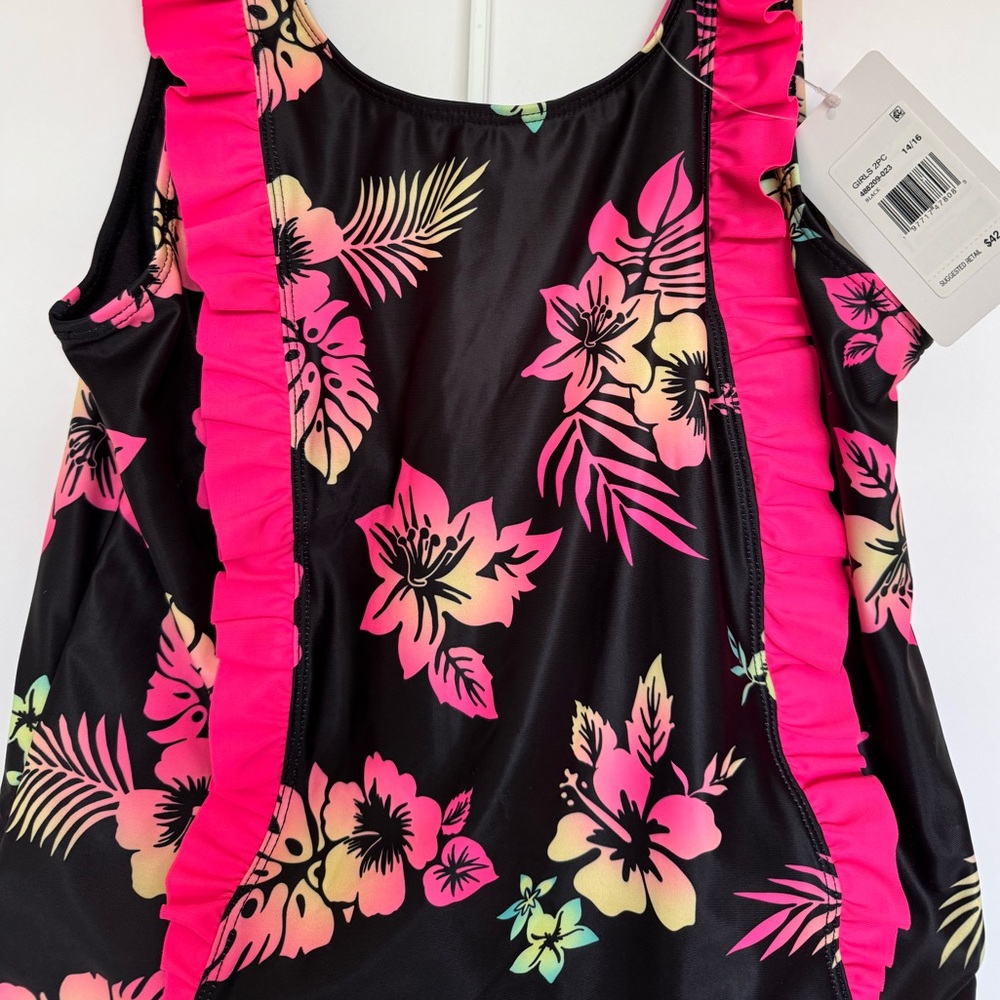Hurley Floral 2 Piece Tankini, Girl's Size XL 14/16 - Black/Pink